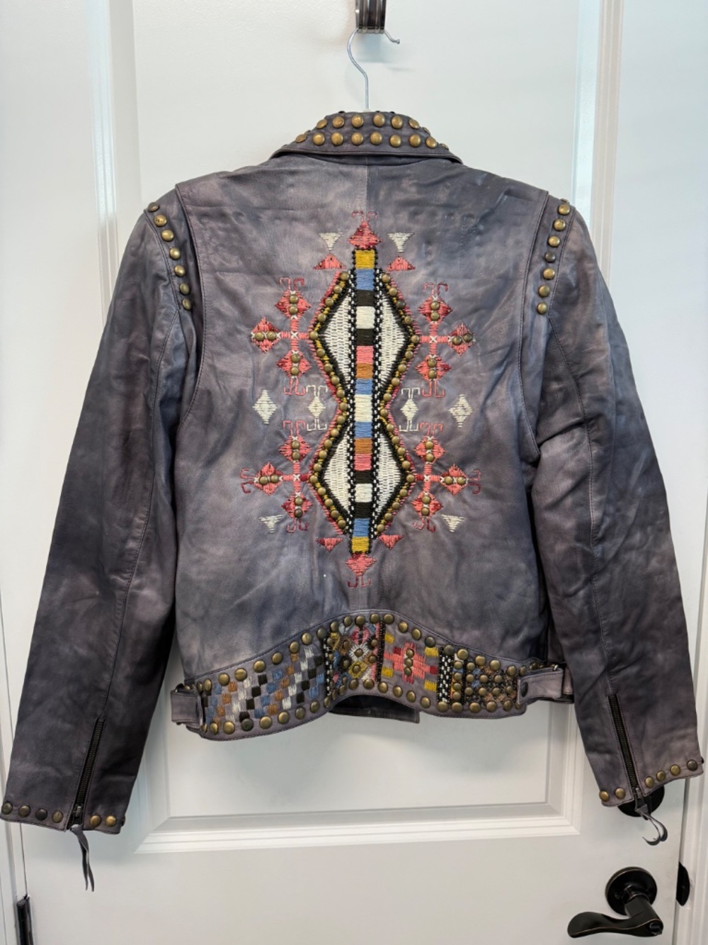Double D Ranch Chisholm Studded Embroidered Leather Biker Jacket Gray L NWT - Picture 5 of 11